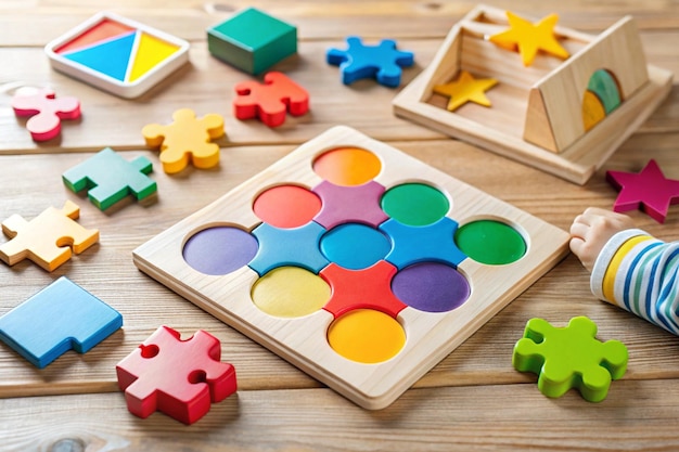 Photo a wooden puzzle with colored blocks and the word puzzle on it