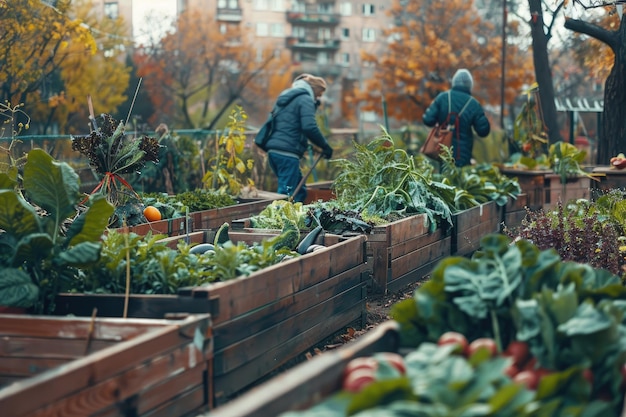 Wooden raised beds in urban community garden