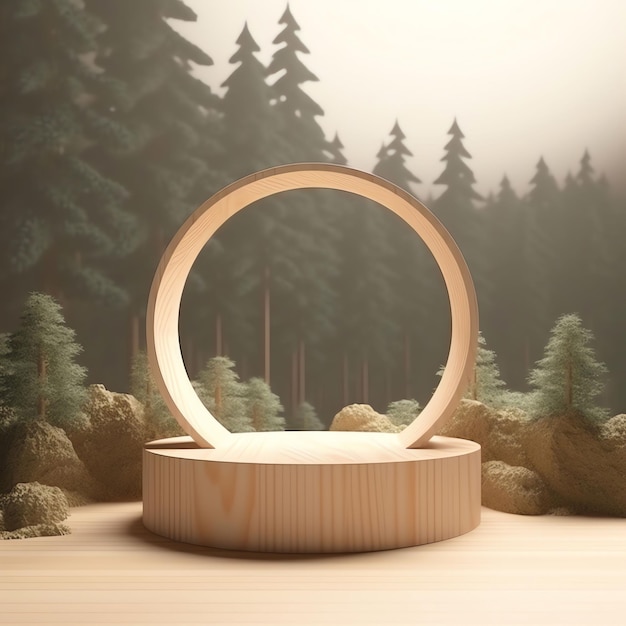 A wooden ring with a forest background and a wooden object in the foreground.