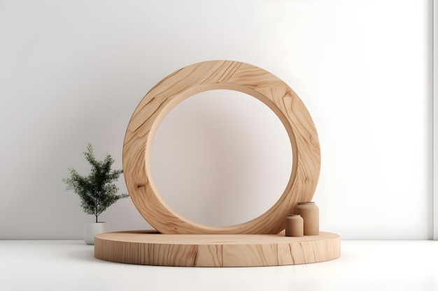 A wooden ring on wooden podium for product presentation