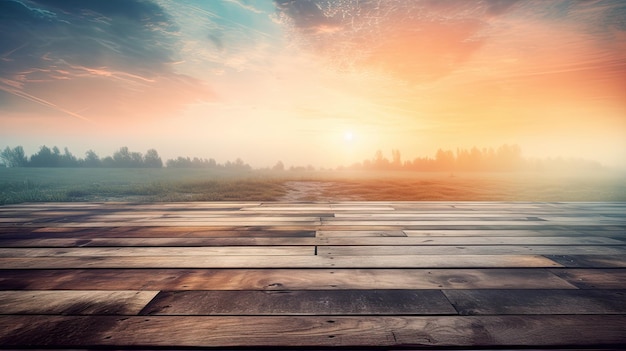 A wooden road with a sunset in the background