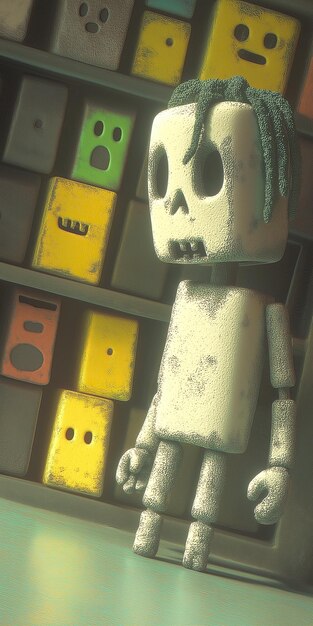 Photo wooden robot toy in a room with colorful blocks conveying nostalgia loneliness and childhood memo