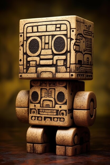 A wooden robot with a wooden face and the word robot on it.