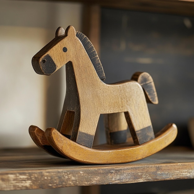 A wooden rocking horse on a shelf