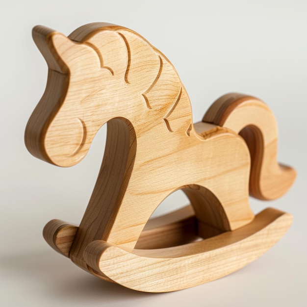 Wooden rocking horse toy gracefully rocks back and forth on a white background