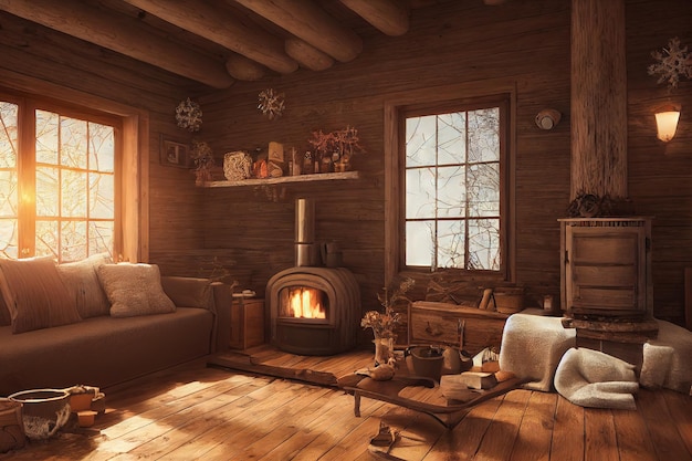 Wooden room with cream sofa burning stove