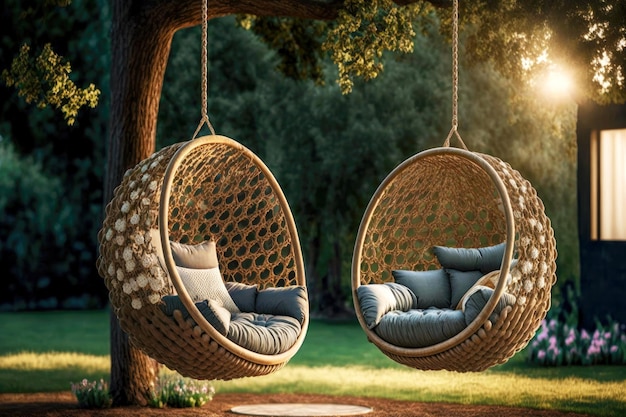 Wooden and rope hanging chairs in garden