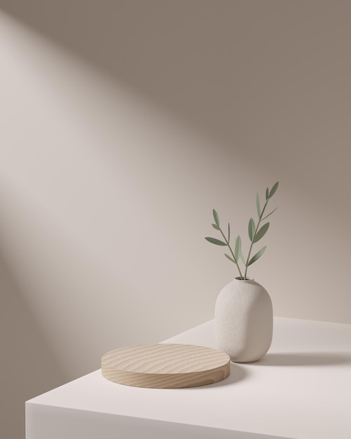 Wooden round corner pedestal podium with vase Product display podium in room 3d rendering studio with geometric shapes Cosmetic product minimal scene with platform Stand to show products background