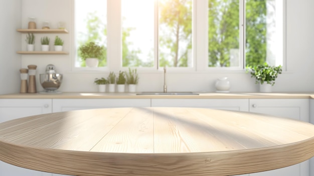 Wooden round countertop in bright kitchen for product mockups and display setups