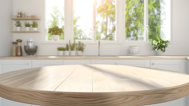 Wooden round countertop in bright kitchen for product mockups and display setups