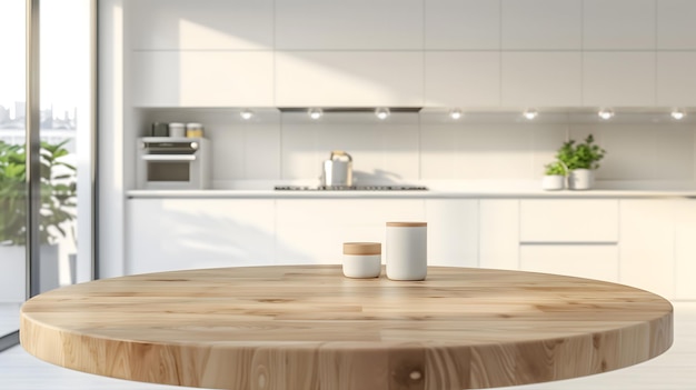 Wooden round countertop in bright kitchen for product mockups and display setups