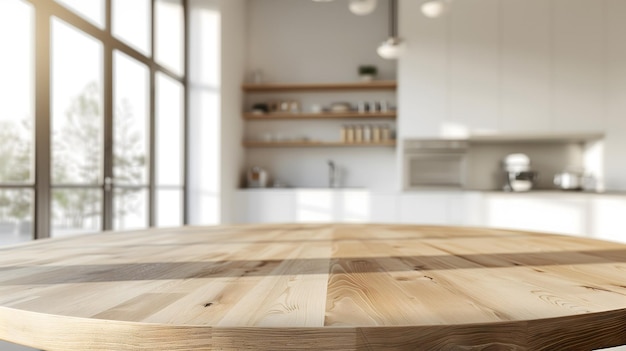 Wooden round countertop in bright kitchen for product mockups and display setups