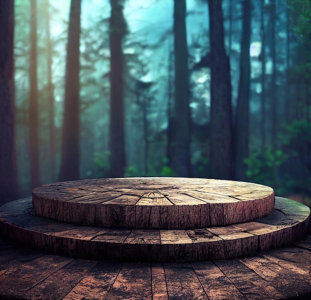 Wooden round pedestal in the green and blue forest 3d illustration scenery of empty product podium in natural environment green trees around mystical