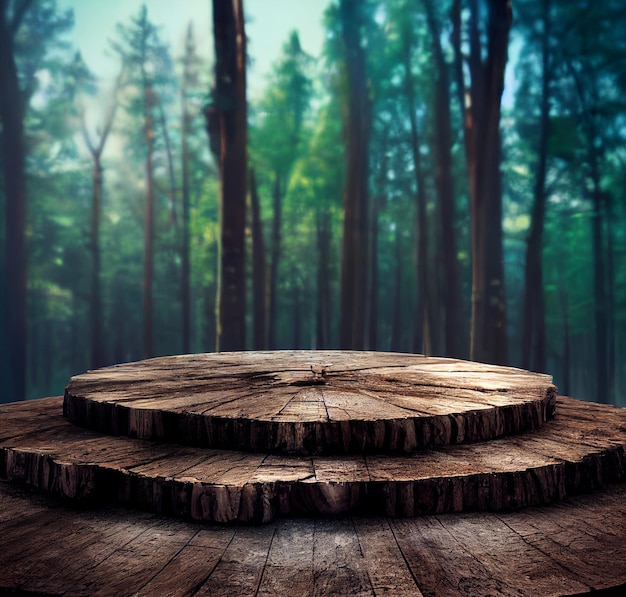 Wooden round podium in the forest realistic 3d illustration scenery 3d render of empty product pedestal in natural environment green trees around