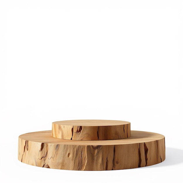 Wooden round podium mockup with two levels on white background