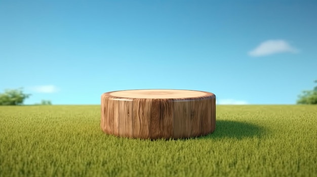 Wooden round podium on natural green grass and blue sky background