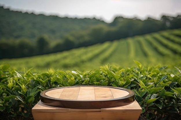 Wooden Round Podium Stage With Green Tea Field Landscape Background Product Display Generated By AI