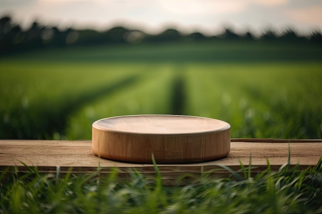 Wooden Round Podium Stage With Green Tea Field Landscape Background Product Display Generated By AI