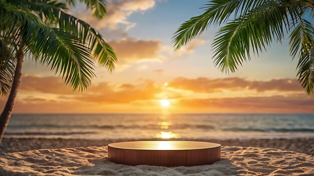 Wooden round podium with blur tropical beach background