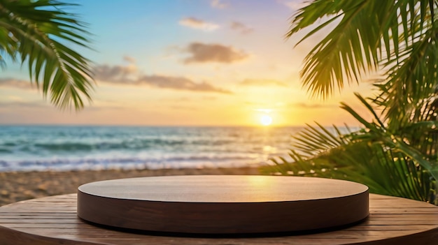 Wooden round podium with blur tropical beach background