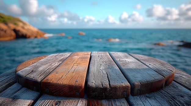 Wooden round table overlooking a serene sea with rocky coastline under a blue sky with fluffy clouds