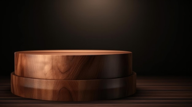 Wooden round trays on a dark background.