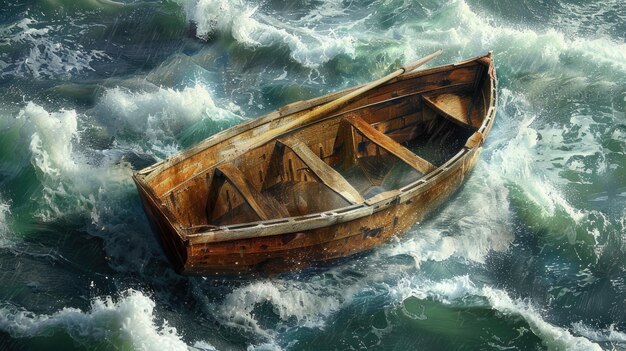 a wooden rowboat amidst the vast ocean with dramatic waves and clouds in the background the boat centered as water splashes around its bow evoking a sense of adventure and resilience