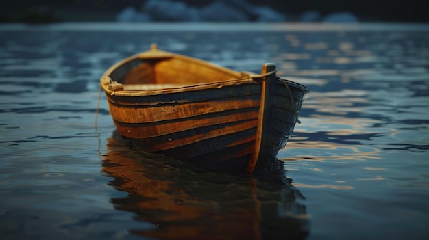 Wooden Rowboat Floating in Calm Water at Sunset