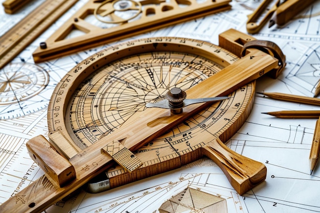 a wooden ruler with a ruler and a compass on it