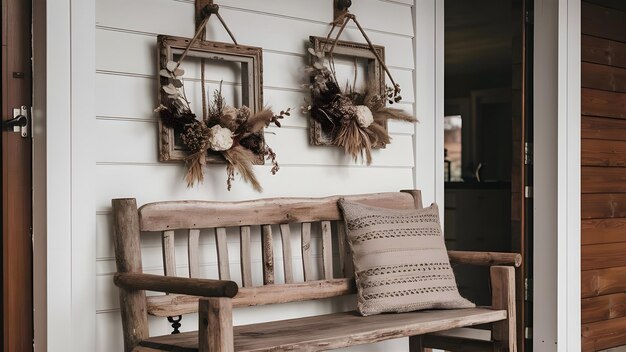 Photo wooden rustic bench near white wall with two frames farmhouse country boho interior design of modern home entryway hall