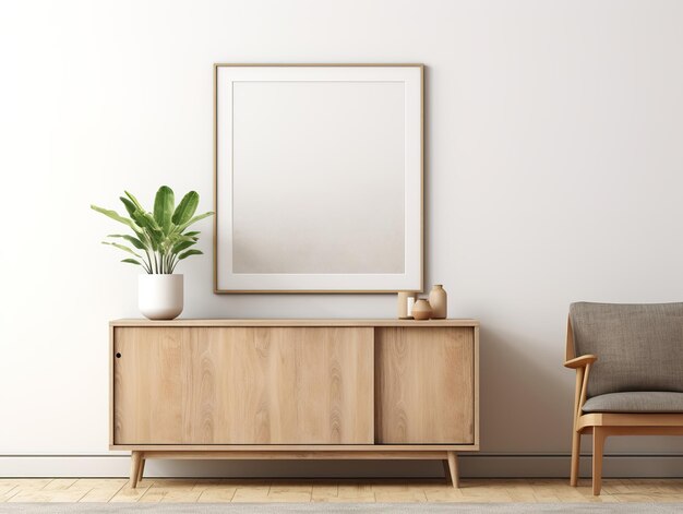 Wooden rustic cabinet near wall with blank poster frame