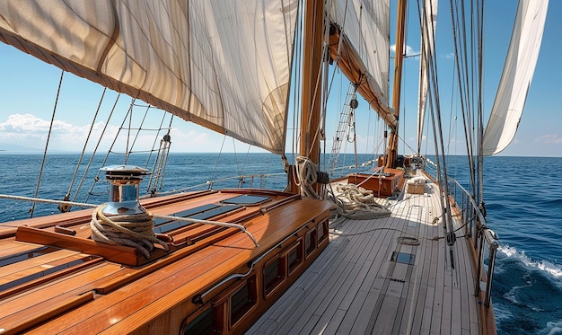 a wooden sail boat with a white sail and a white sail