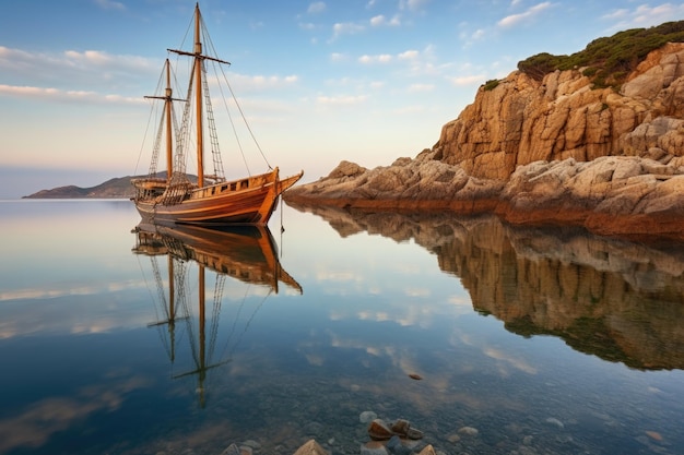 Wooden sailboat anchored near picturesque coastline created with generative ai