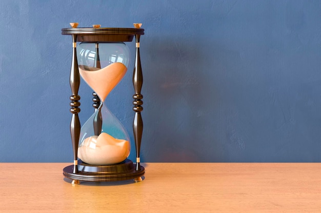 Wooden Sand Timer Hourglasses on the wooden table 3D rendering