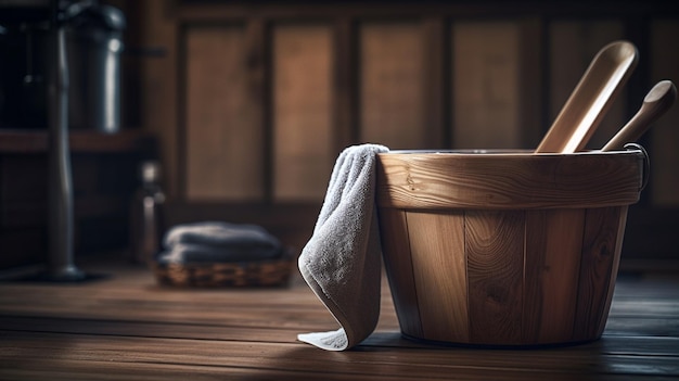 Wooden sauna bucket with wooden spoons towel and ladlegenerative ai