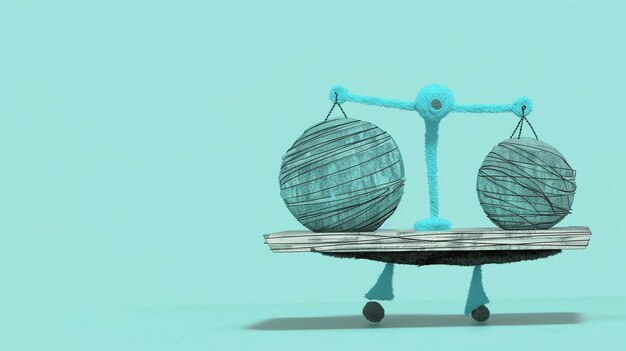 Photo wooden scales with woolen spheres balancing swings abstract art sculpture isolated on a light blue background