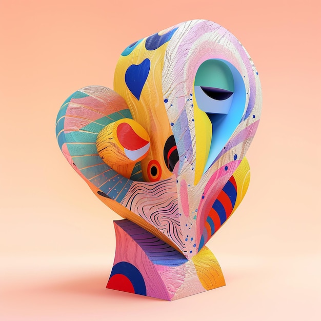 Photo a wooden sculpture of a heart with a colorful pattern on it