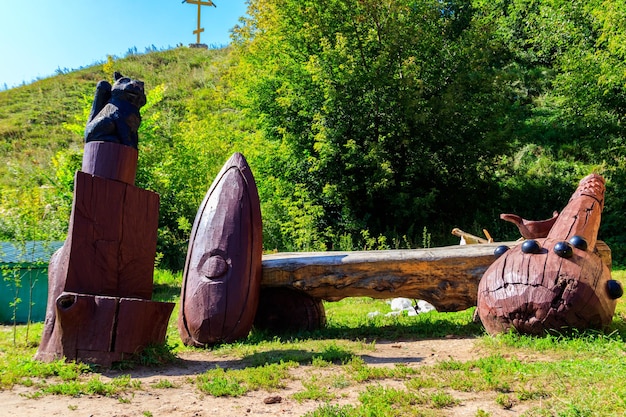 Wooden sculpture of mace of epic hero Ilya Muromets in Karacharovo village near Murom Russia