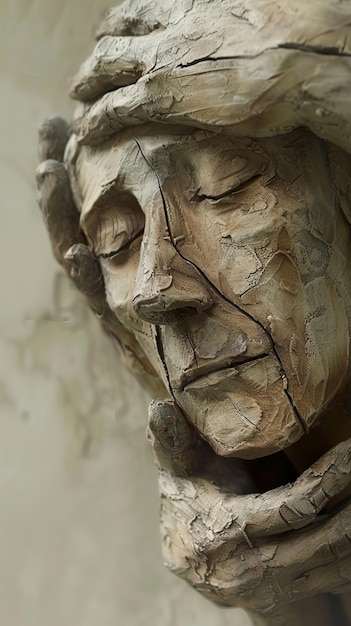 a wooden sculpture of a man with a face and a white background