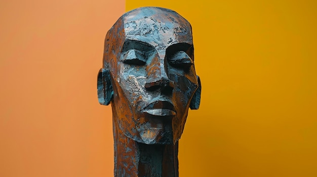 a wooden sculpture of a man with a long neck and a long neck