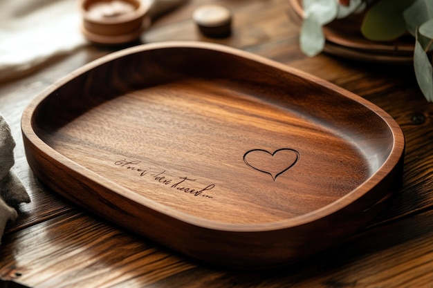 Wooden Serving Dish with Carved Heart and Inscription