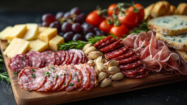 A wooden serving platter features mixed charcuterie meats salami prosciutto Gouda and Cheddar chees