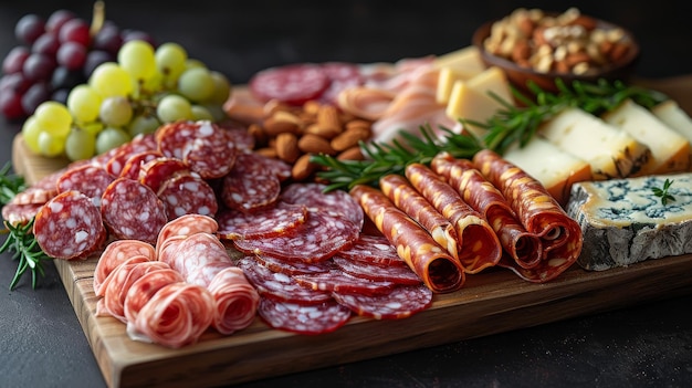 Wooden serving platter with a selection of mixed charcuterie meats salami and prosciutto Gouda