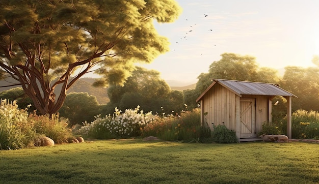 a wooden shed sits next to grass in the style of soft