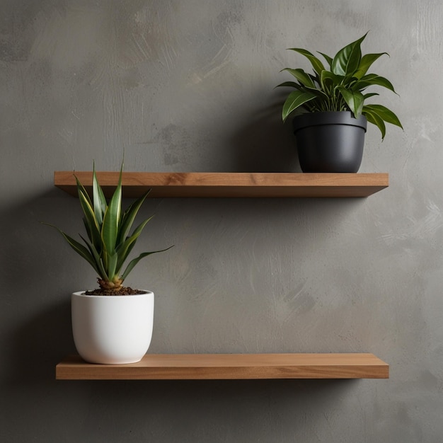 Wooden shelf and accessories decor in living room interior on empty tiles dark white wall background