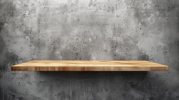 Photo wooden shelf against rustic grey concrete wall