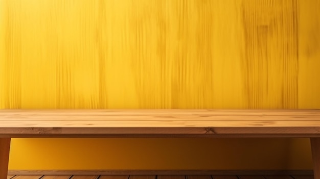 A wooden shelf in front of a yellow wall