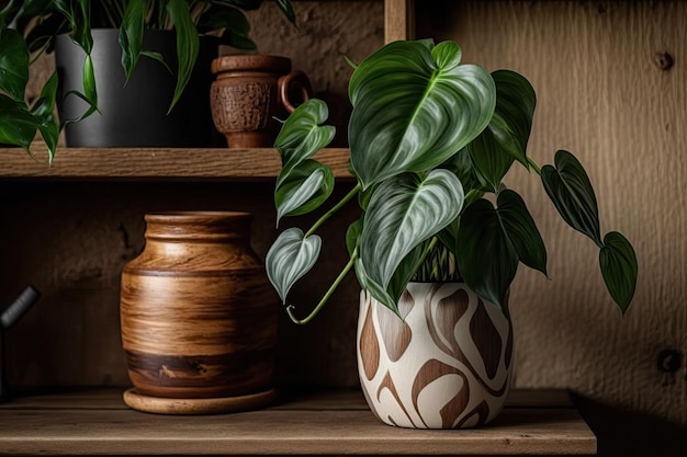 On a wooden shelf there is a potted philodendron