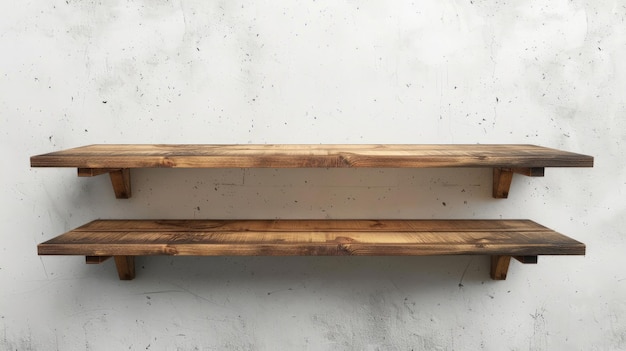 Wooden shelf over white concrete wall background