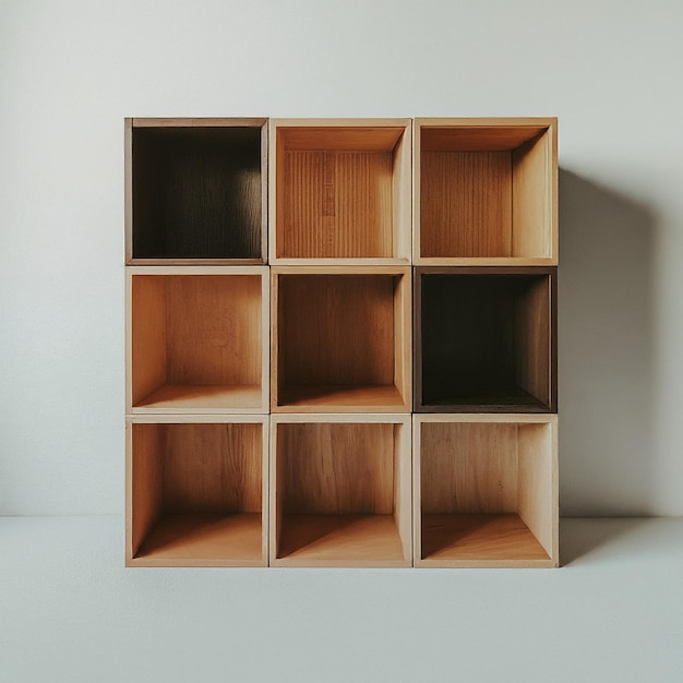 a wooden shelf with a black box on it that says quot empty quot